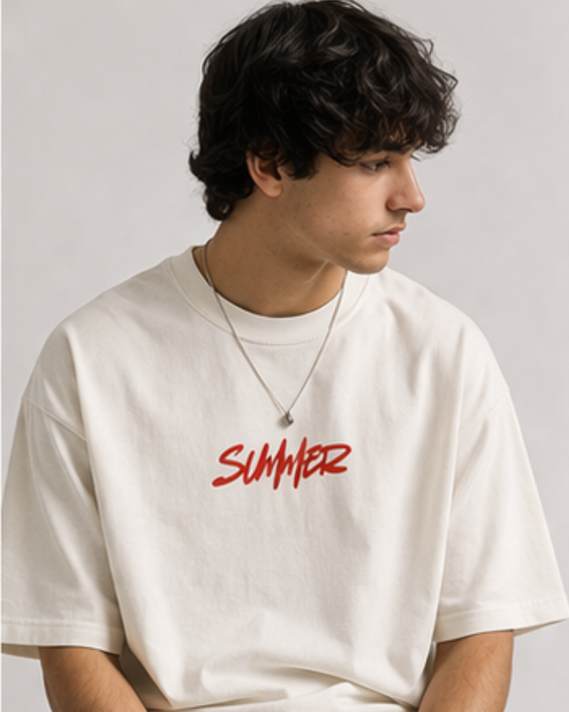man wearing off white oversized t shirt 'summer' written in red color sitting on a light background 