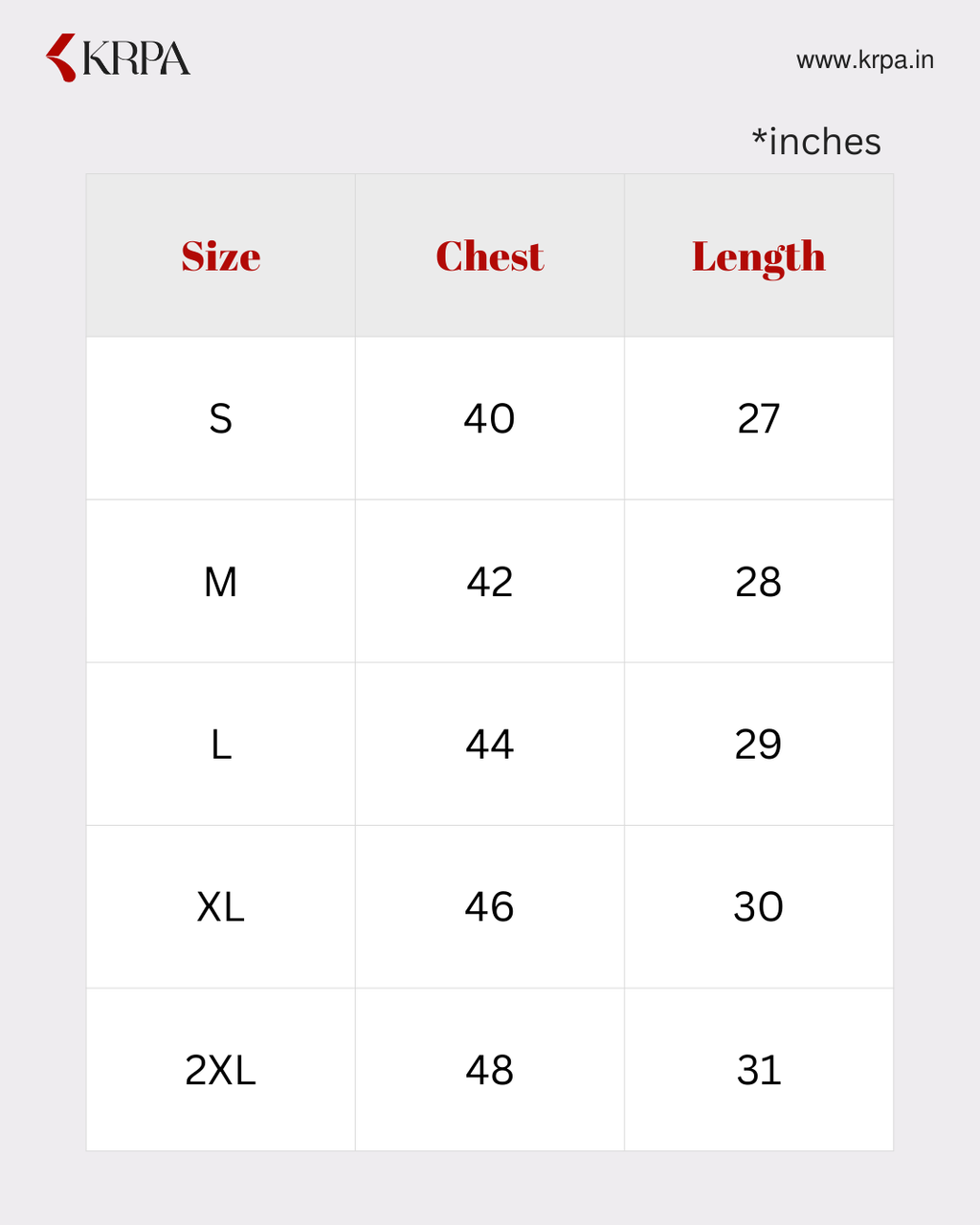 Size chart for clothing with chest and length measurements in inches, branded as KRPA.