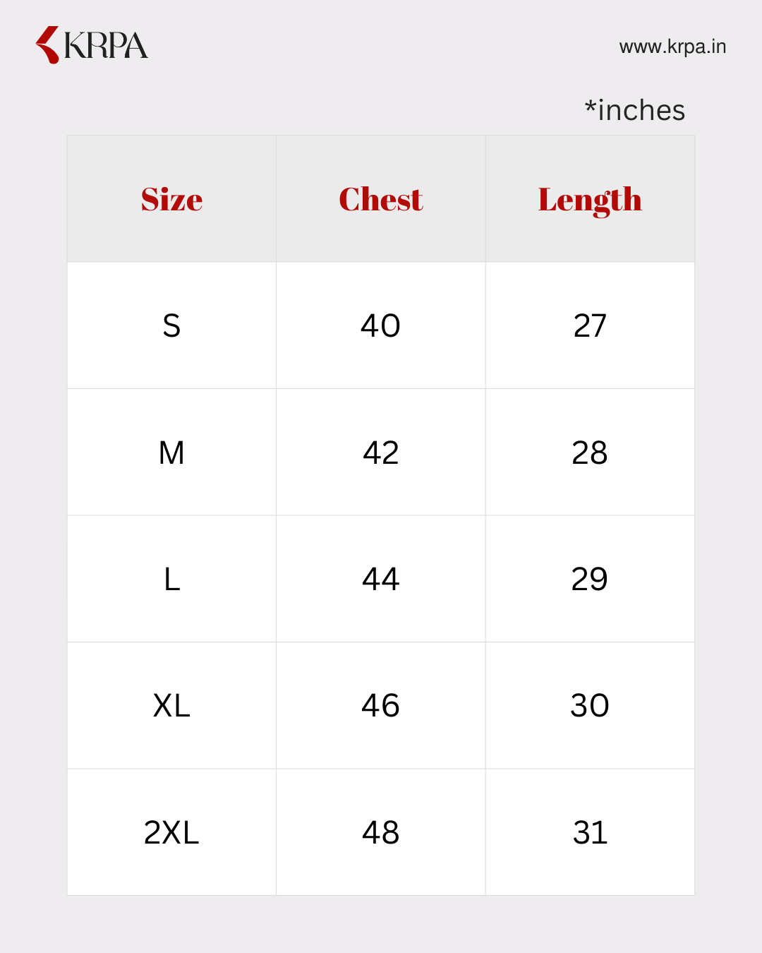 Size chart for clothing with chest and length measurements in inches, branded as KRPA.