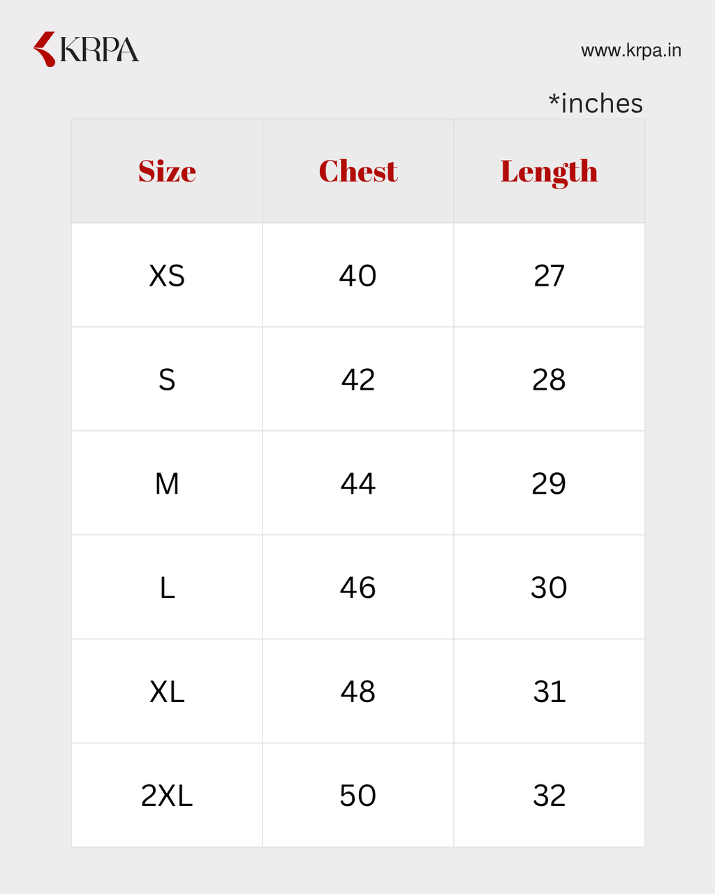 Size chart for clothing with chest and length measurements in inches, branded as KRPA.