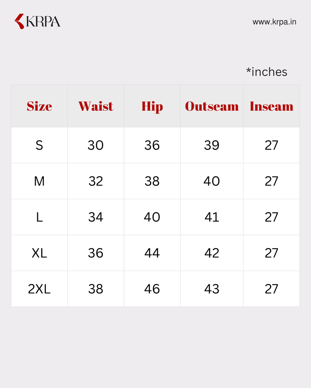 Size chart for clothing with waist, hip, outseam, and inseam measurements in inches, branded as KRPA.
