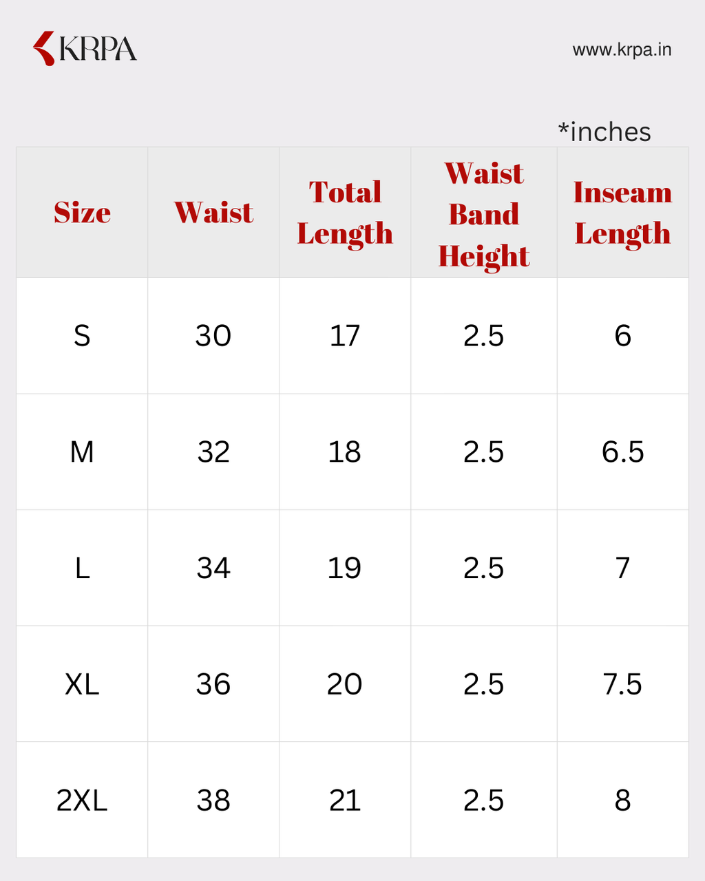 Measurement chart for pants with sizes S to 2XL, including waist, total length, waist band height, and inseam length measurements branded as KRPA.