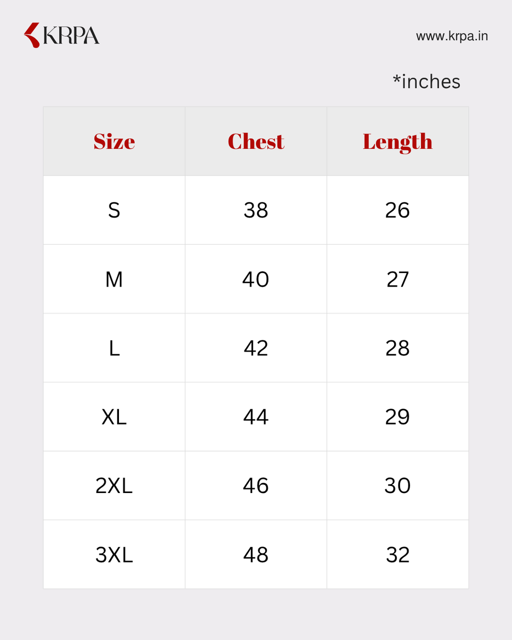 Size chart for Men's Polo T-shirts with KRPA branding and measurements in inches.