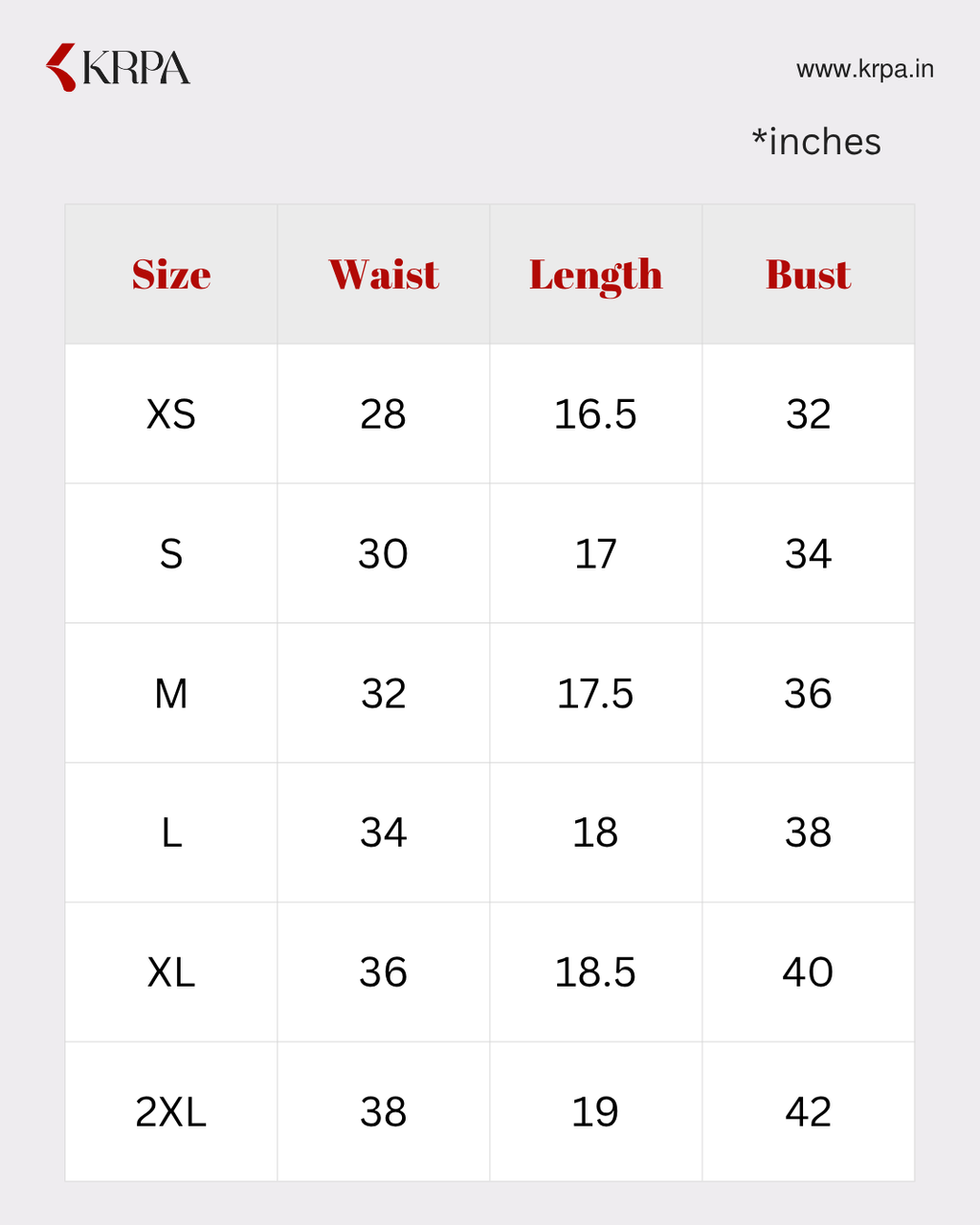 size chart for women's tank top branded KRPA.
