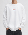 White oversized crewneck sweatshirt for men with red KRPA print, relaxed cotton blend fit