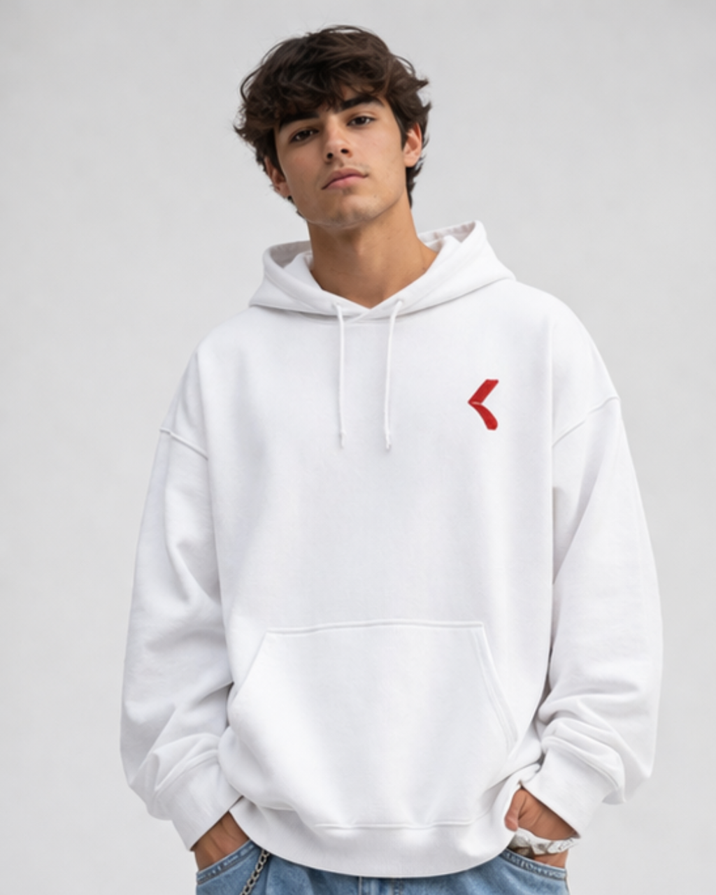 White oversized hoodie for men with red KRPA logo on chest