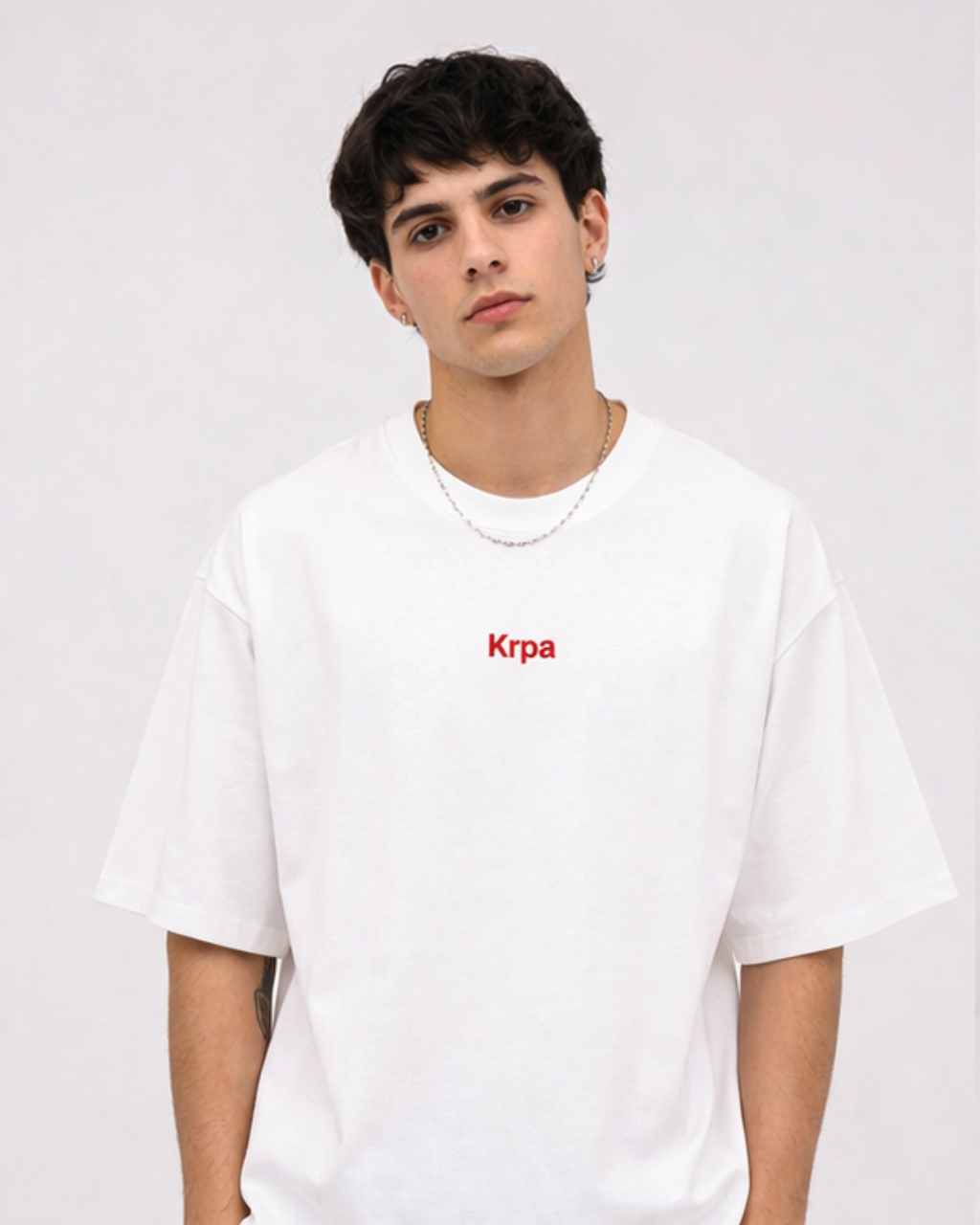 White oversized T-shirt for men with red KRPA contrast print, relaxed cotton fit