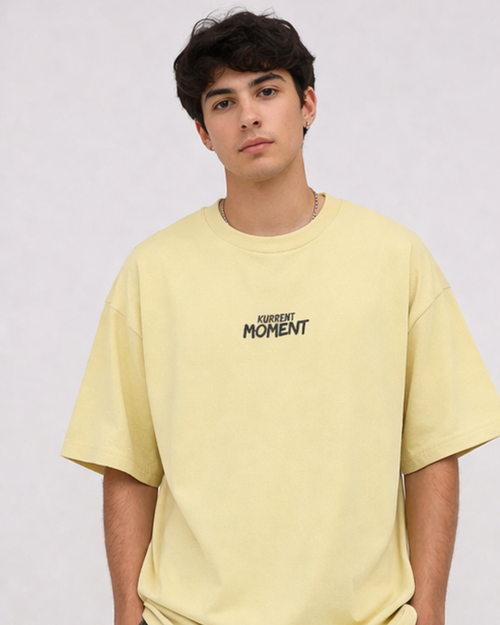 Light yellow oversized T-shirt for men with CURRENT MOMENT design, breathable cotton fit