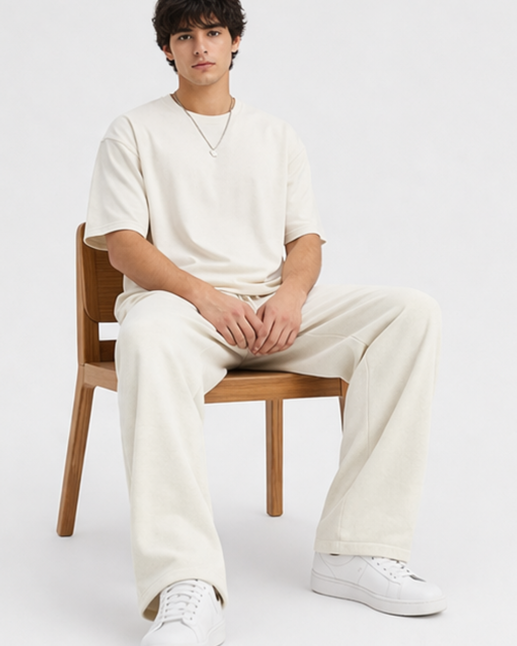 Person wearing off white outfit sitting on a wooden chair against a white background