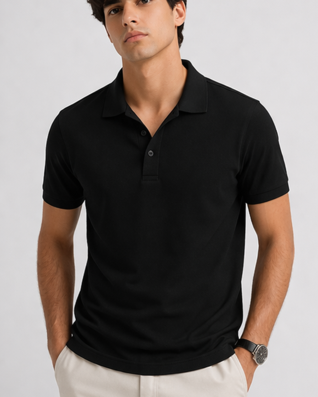 Man wearing a black polo shirt against a plain background