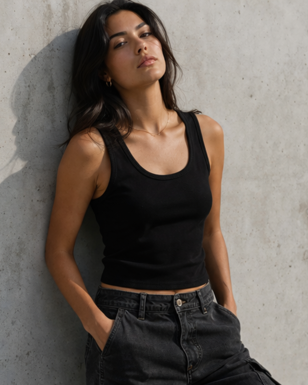 Woman wearing a black tank top and black pants against a concrete wall.