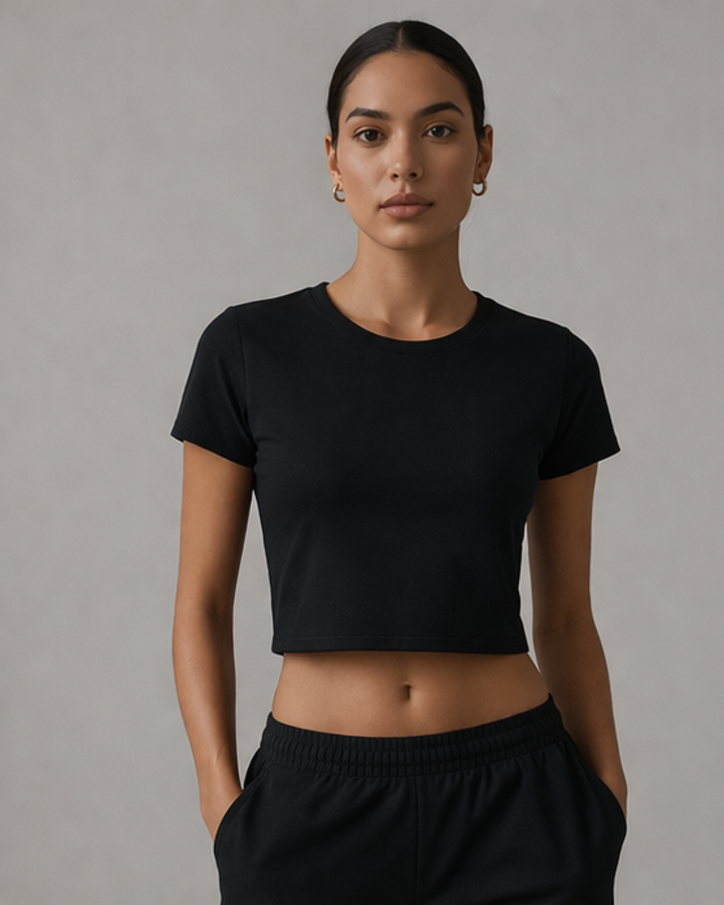 Person wearing a black crop top and black pants against a gray background