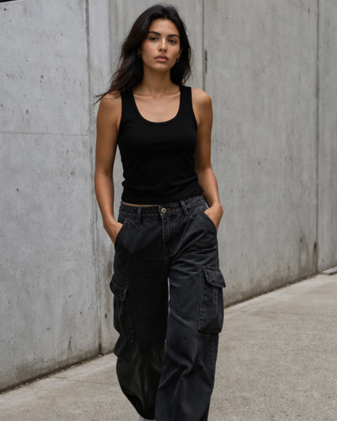 Woman wearing a black tank top and dark cargo pants against a concrete wall.