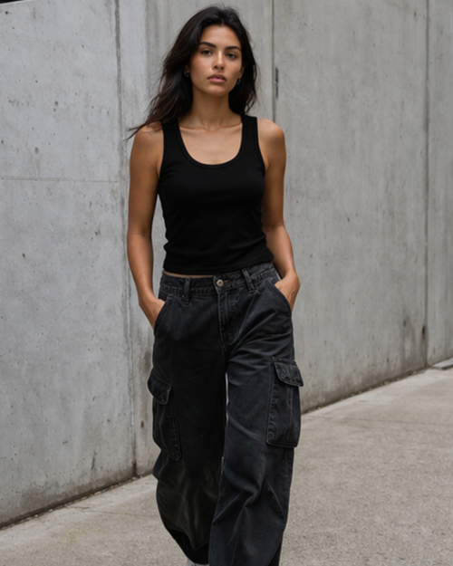 Woman wearing a black tank top and dark cargo pants against a concrete wall.
