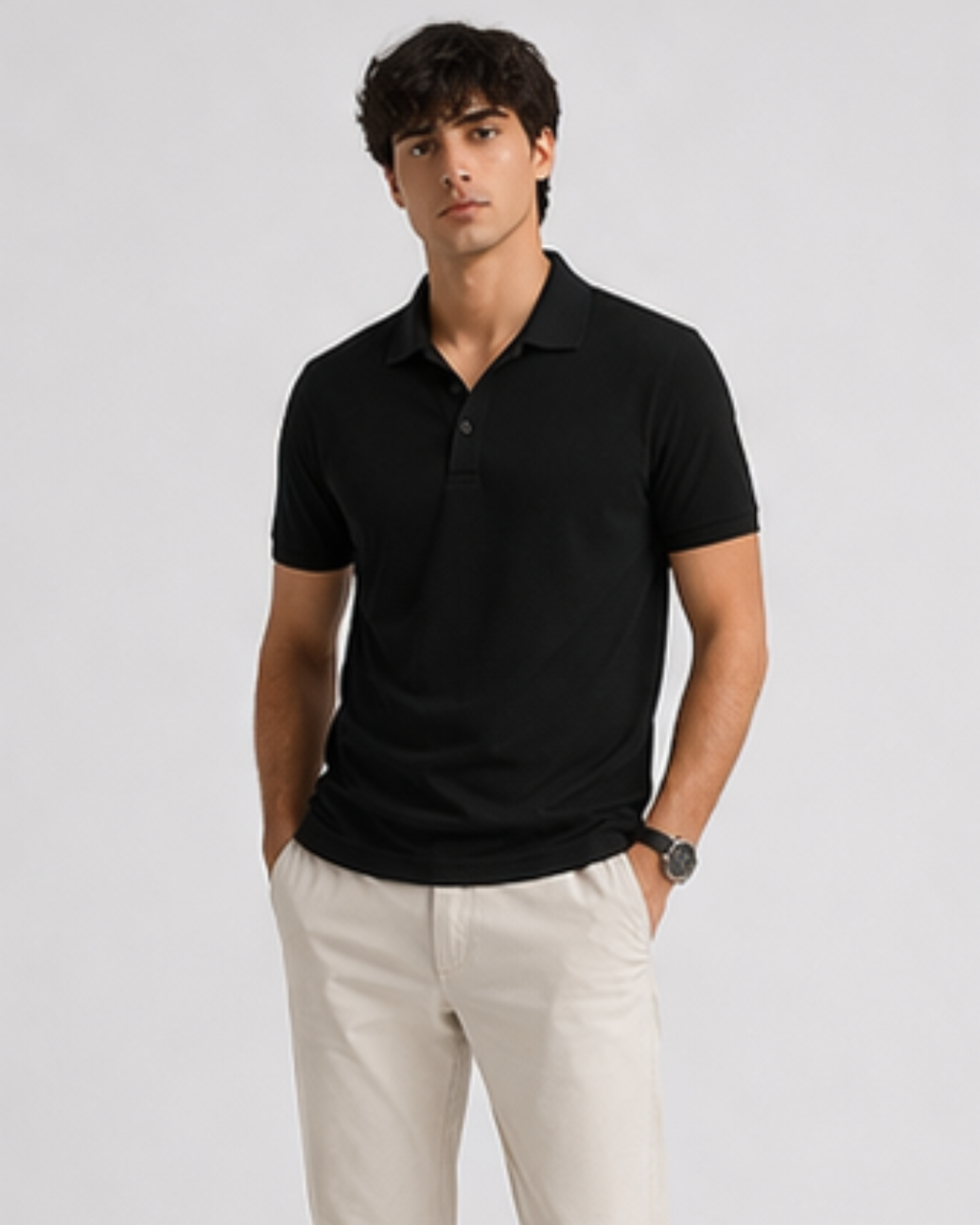 Man wearing a black polo t-shirt and beige pants on a light gray background