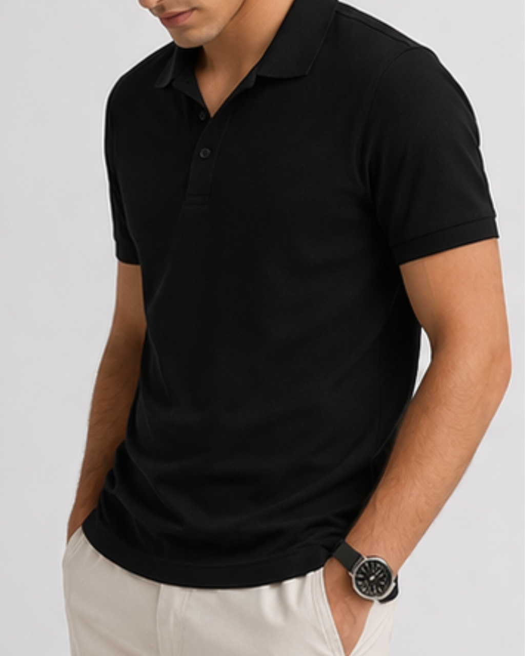 Man wearing a black polo shirt with beige pants on a light gray background