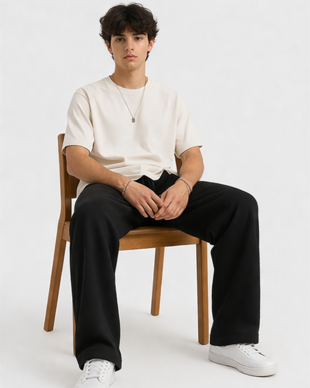 Person sitting on a wooden chair wearing a white t-shirt, black pants, and white sneakers.