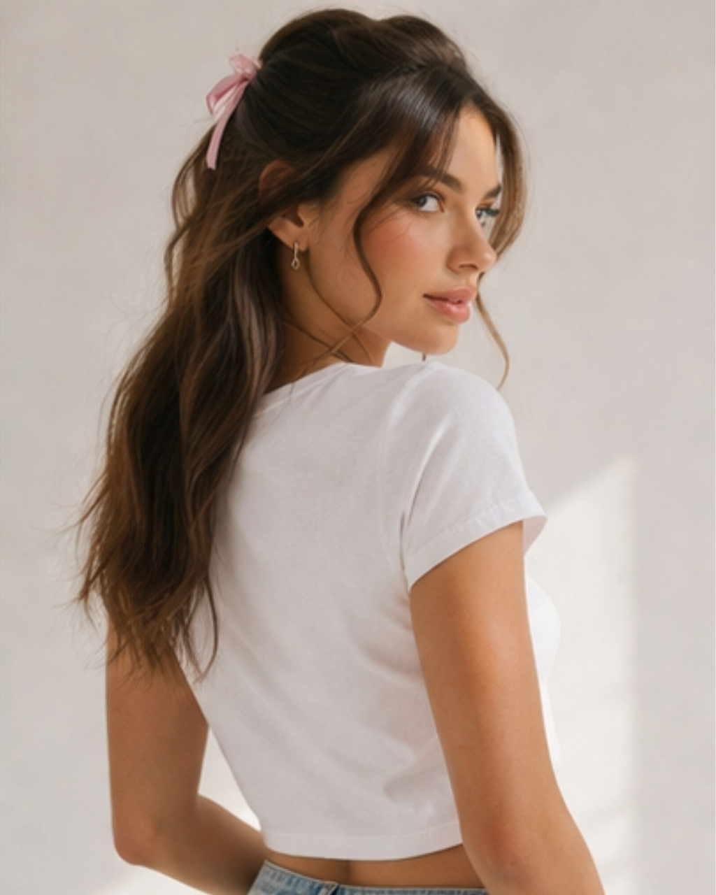 Woman wearing a white t-shirt against a plain background