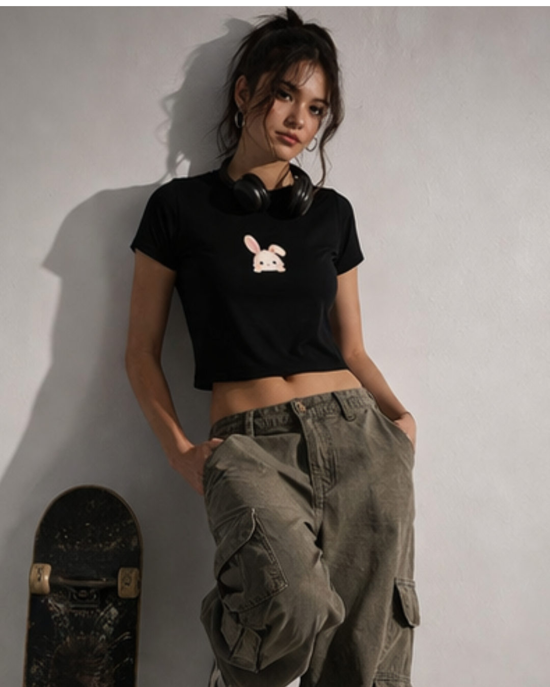 Person wearing a black t-shirt with a pink bunny design and green cargo pants, standing against a plain background.