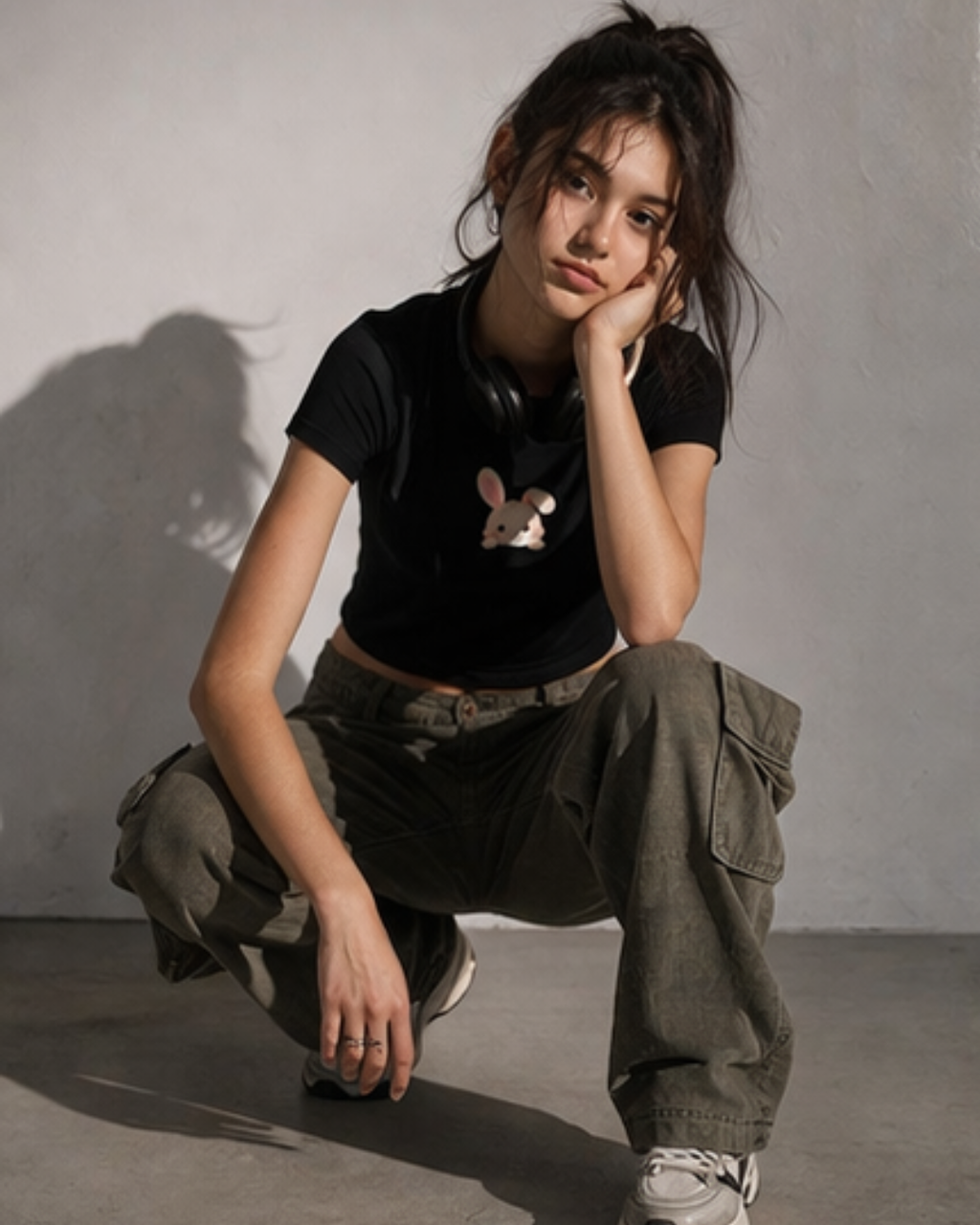 Person wearing a black t-shirt with a graphic design and green cargo pants, sitting against a plain wall.