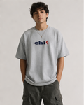 Oversized grey T-shirt for men with minimal CHIK typography print, relaxed cotton fit