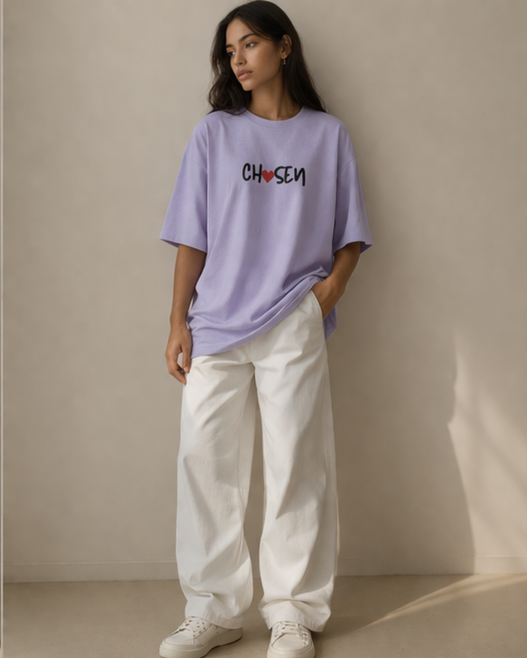 Person wearing a lavender oversized t-shirt with 'Chosen' text and white pants against a beige wall.