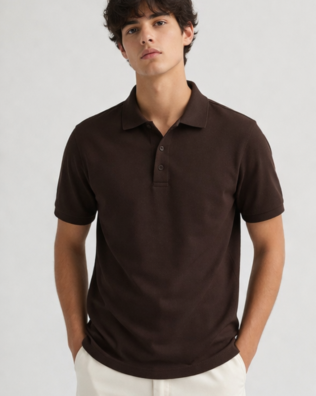 Man wearing a coffee brown polo shirt against a plain background