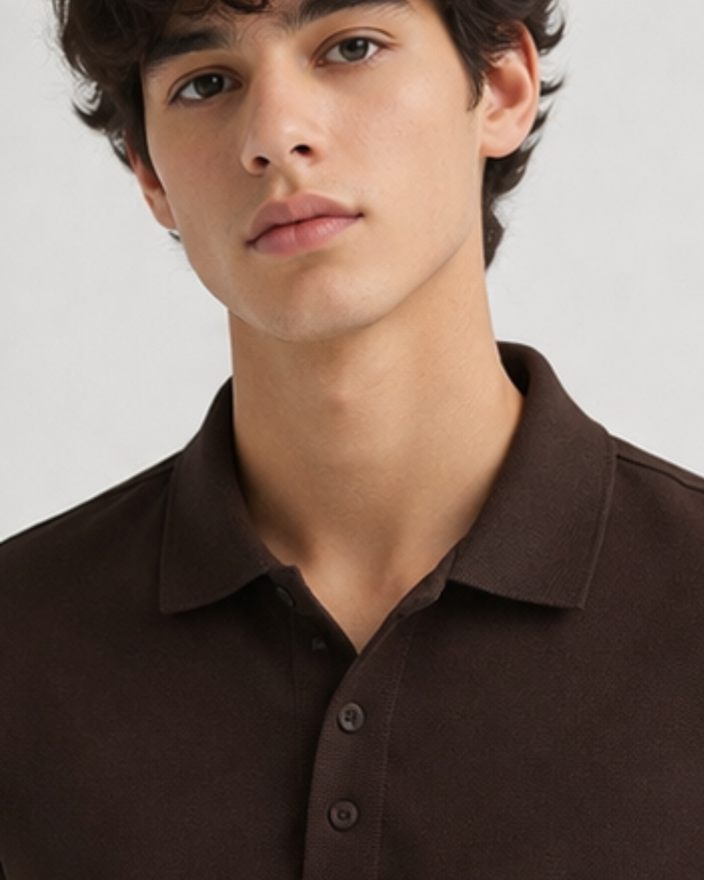 Man wearing a brown polo shirt against a plain background