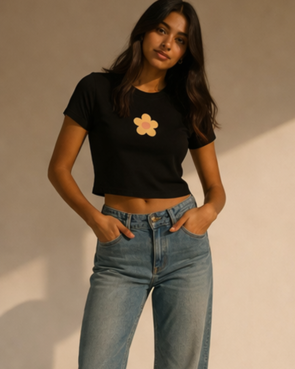 Woman wearing a black t-shirt with a flower design and blue jeans against a beige background
