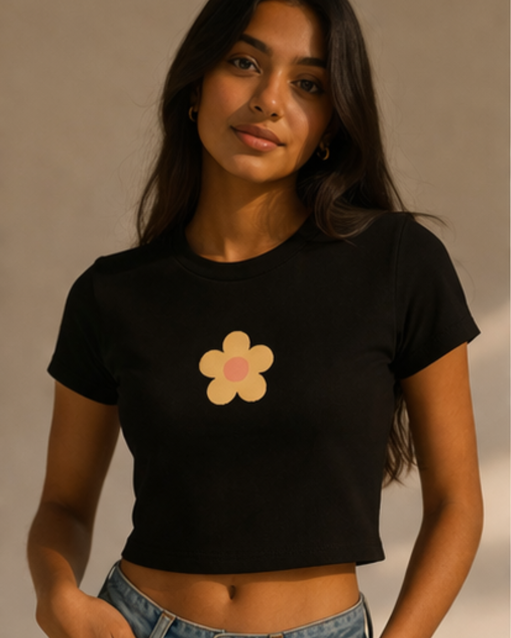 Woman wearing a black t-shirt with a flower design on a beige background