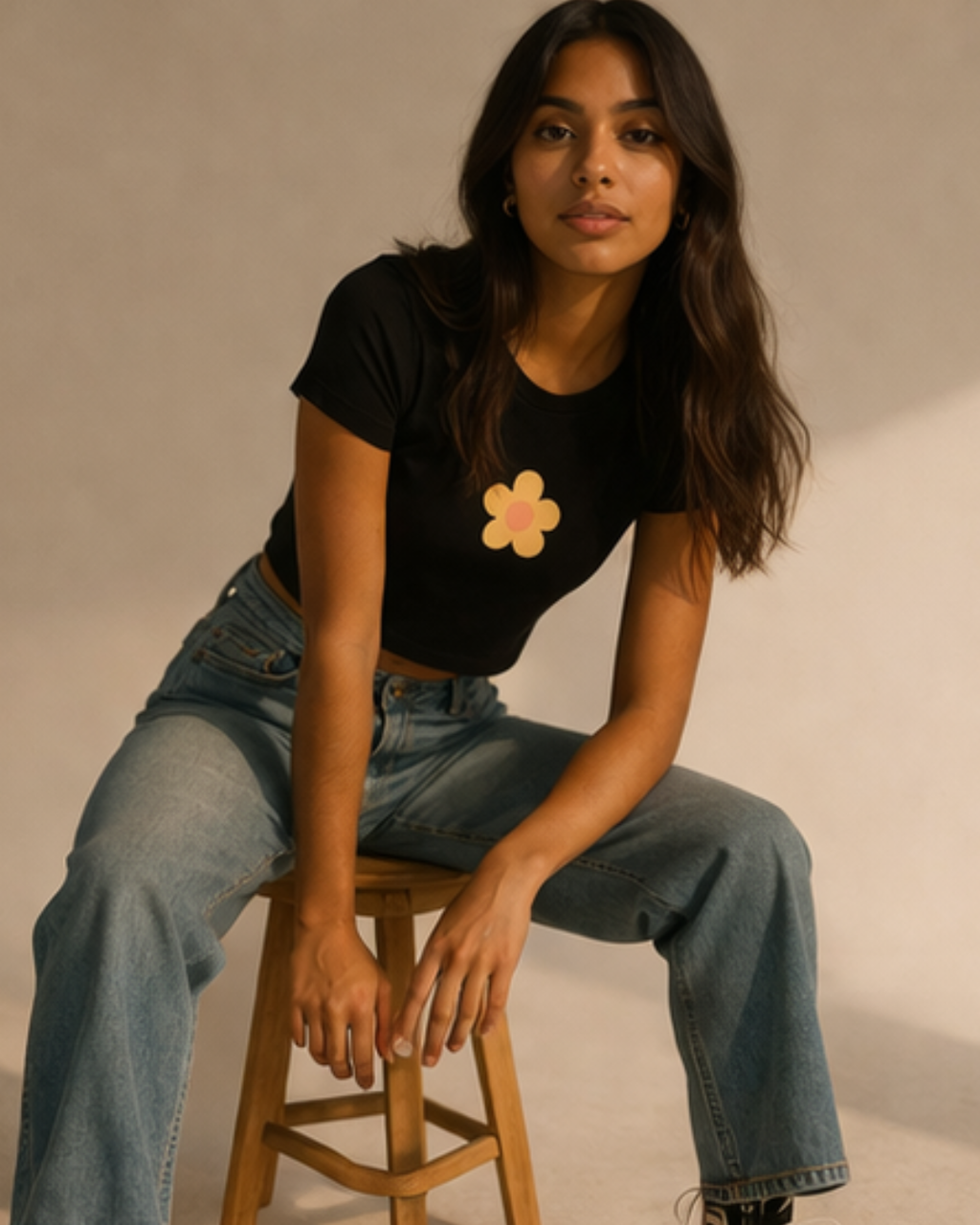 Woman wearing a black t-shirt with a yellow flower design and blue jeans, sitting on a wooden stool against a beige background.