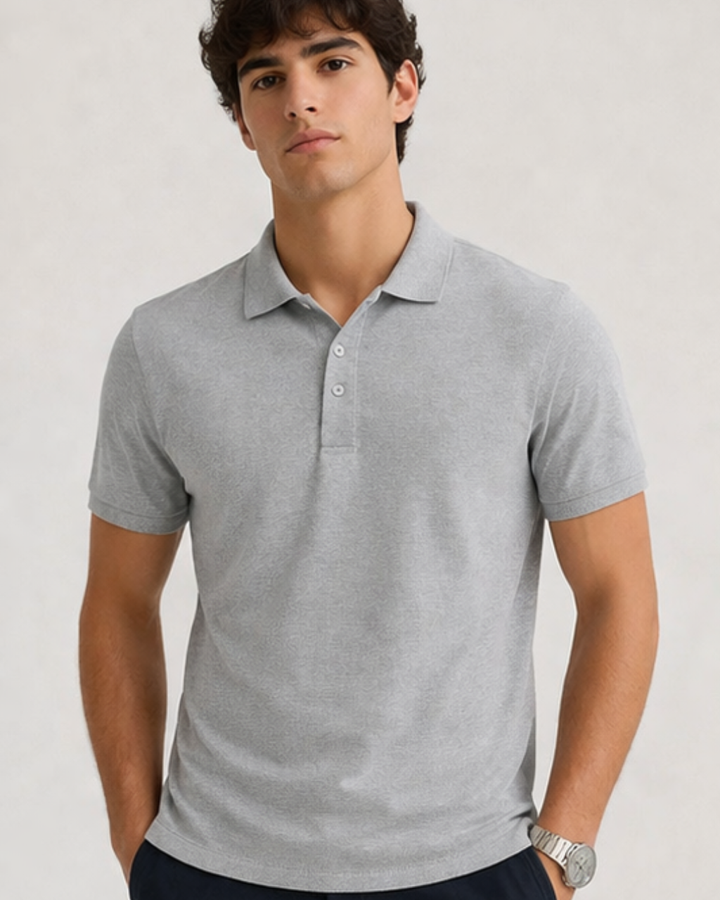 Man wearing a gray polo shirt against a plain background