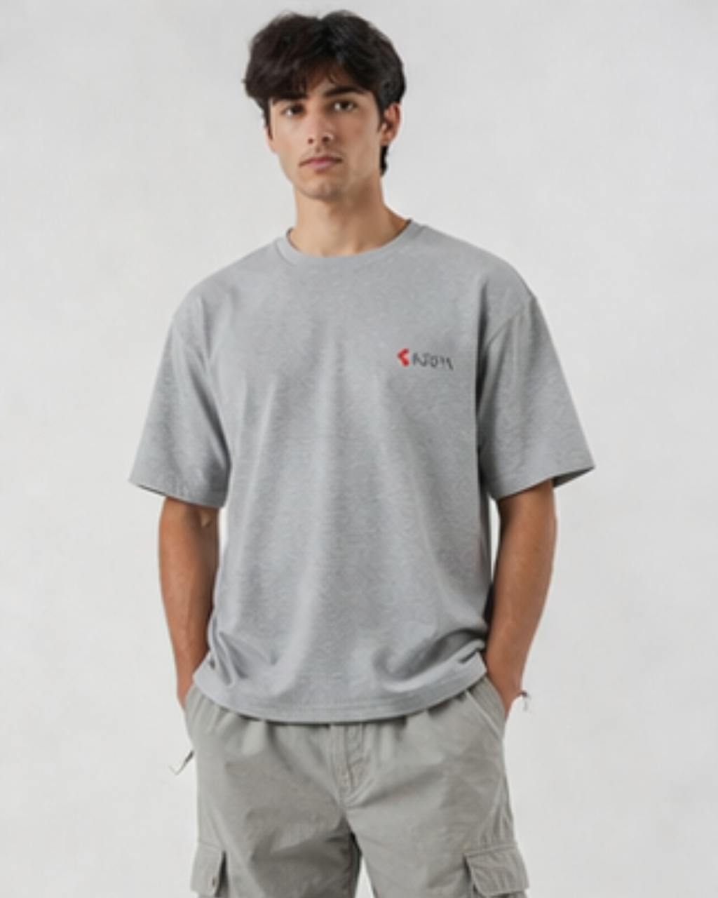 Person wearing a gray t-shirt with KRPA logo on a plain background