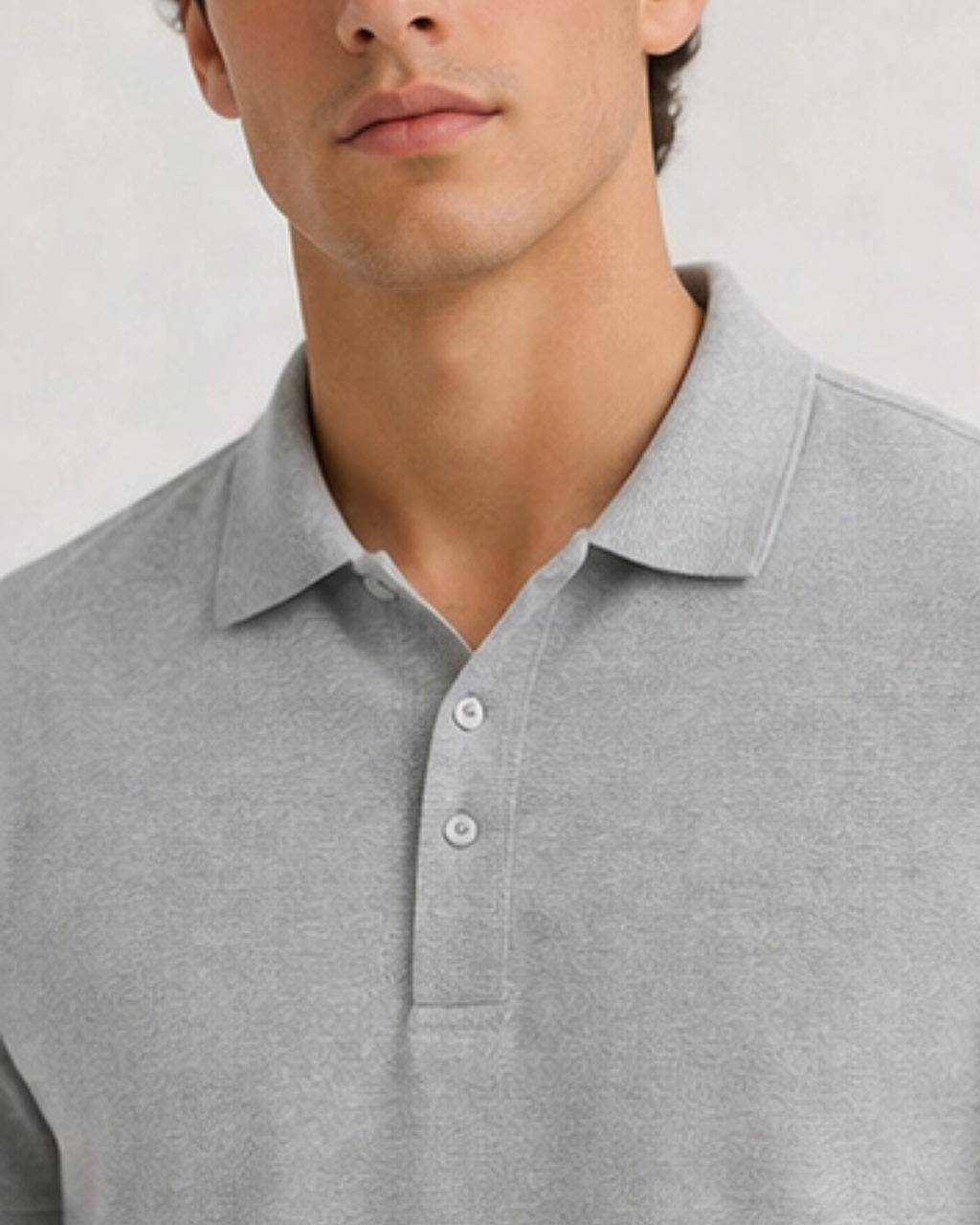 Close-up of a person wearing a grey polo shirt against a light background