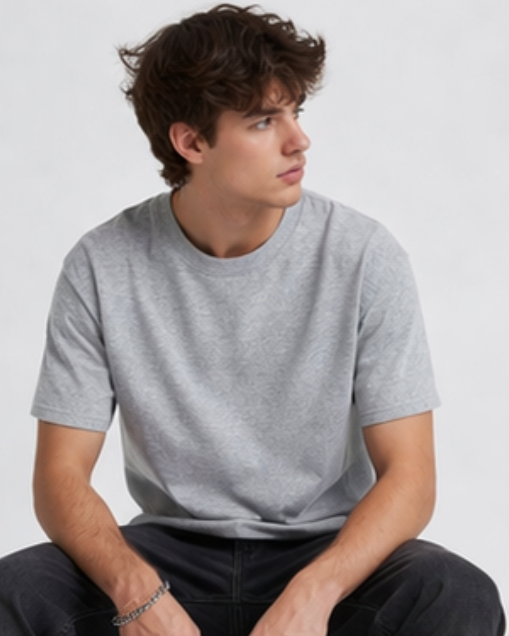 Man wearing a gray t-shirt sitting against a plain background