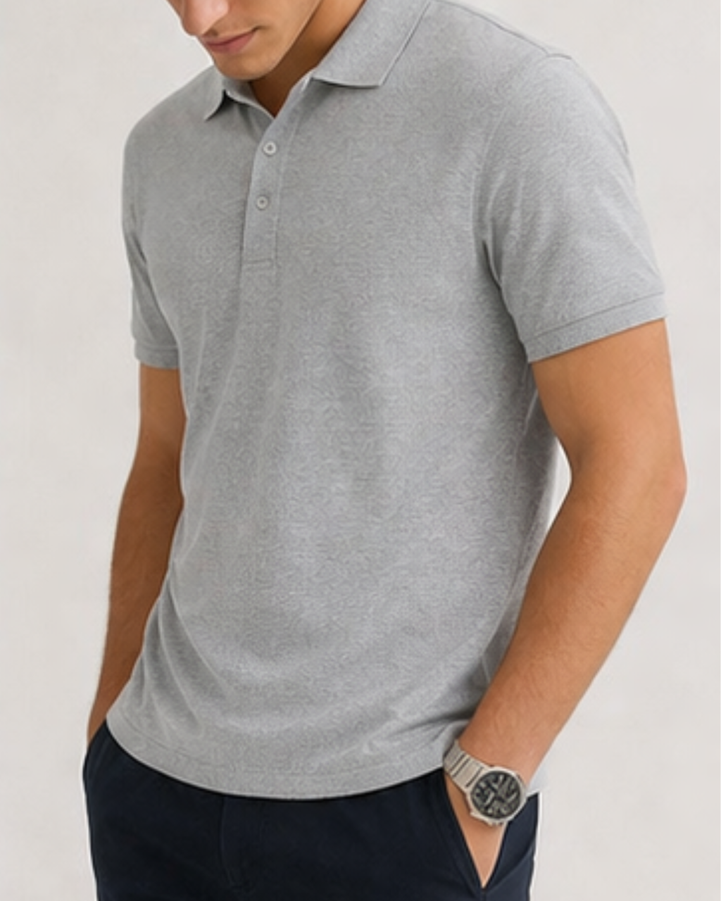 Man wearing a gray polo shirt and dark pants on a light background