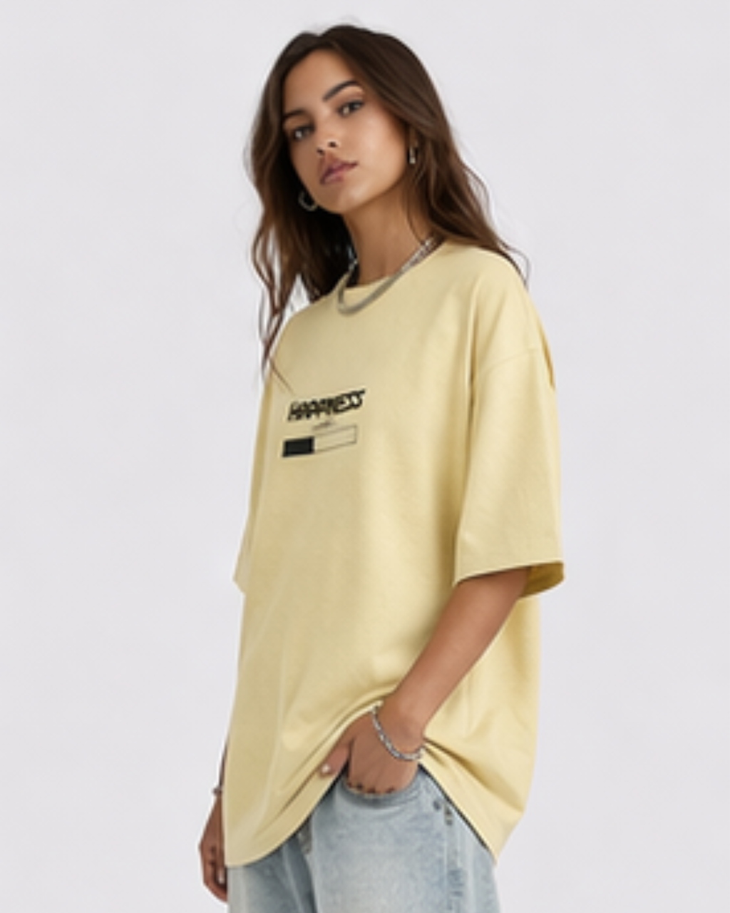 Woman wearing a light yellow t-shirt with text on a white background