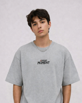 Oversized grey T-shirt for men with CURRENT MOMENT text print, relaxed cotton fit