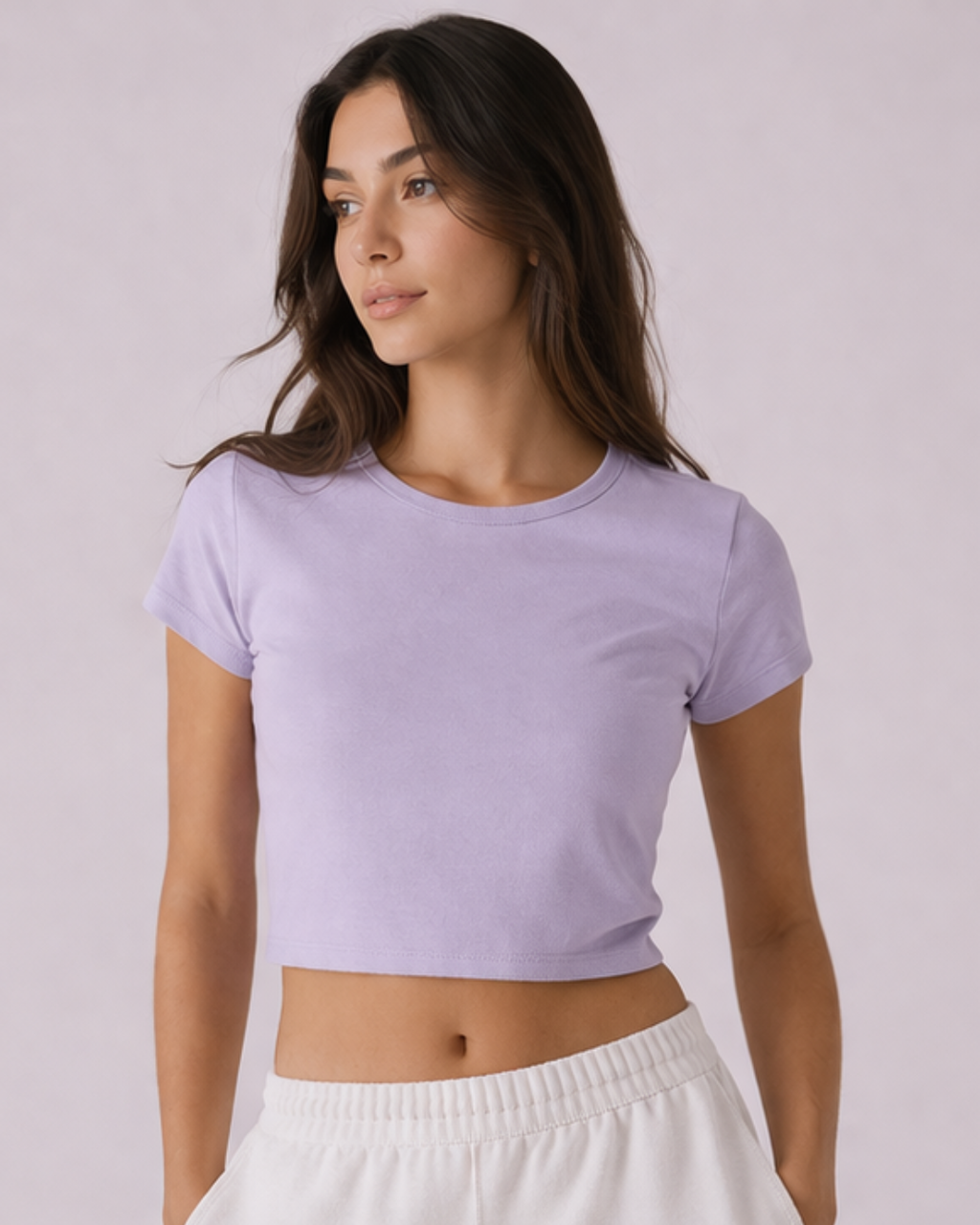 Woman wearing a light purple t-shirt against a plain background