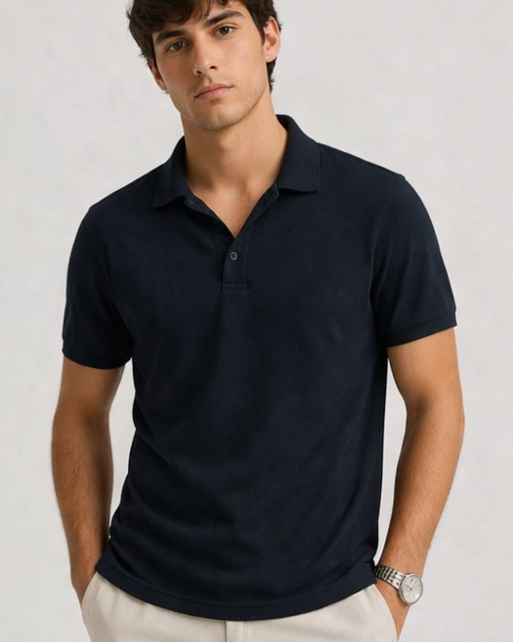 Man wearing a navy blue polo shirt against a plain background