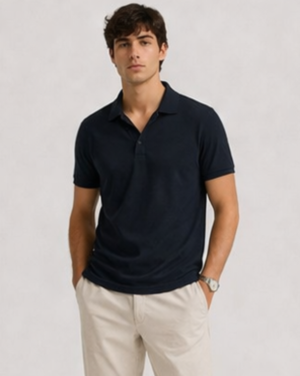 Man wearing a navy polo shirt and light-colored pants on a plain background