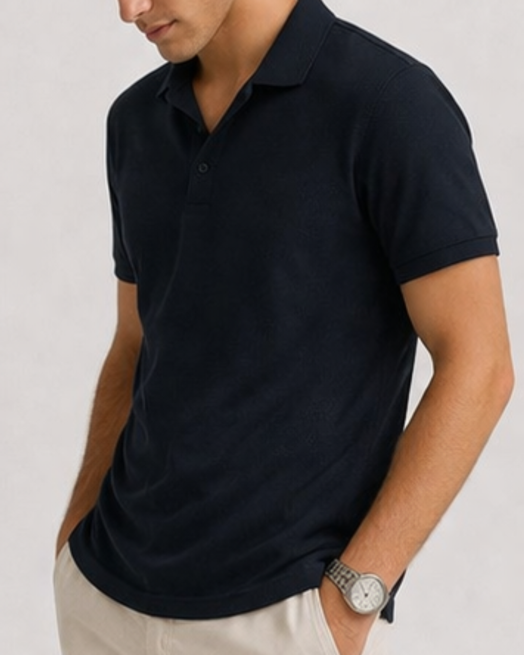 Man wearing a navy blue polo shirt on a light gray background