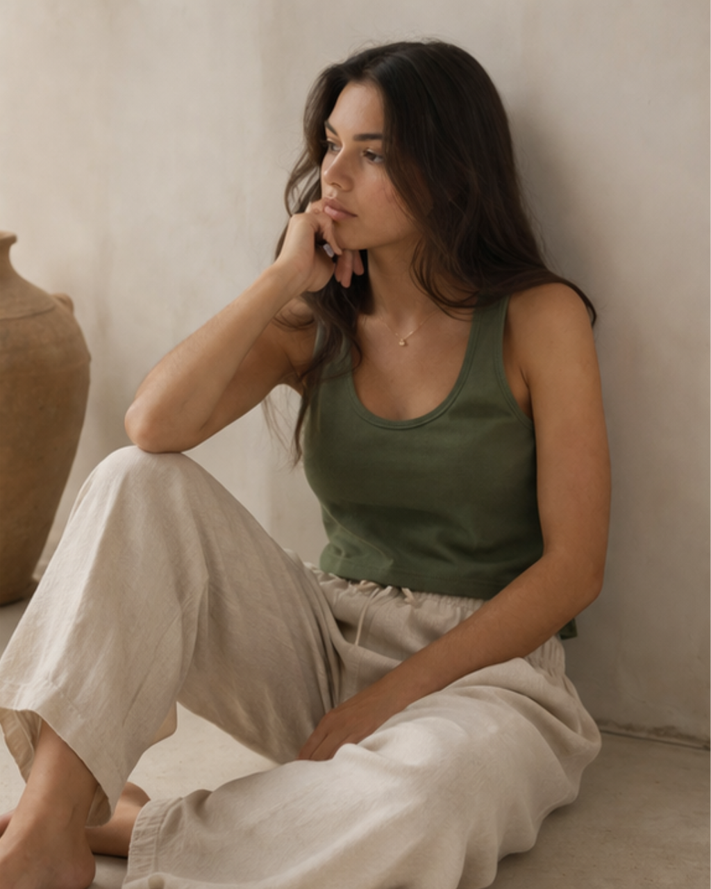 Woman sitting against a beige wall wearing a green tank top and light-colored pants.