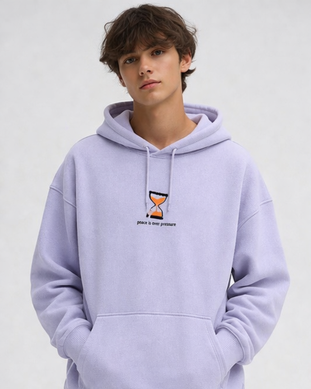 Lavender oversized graphic hoodie for men with “Presence Over Present” slogan and hourglass logo