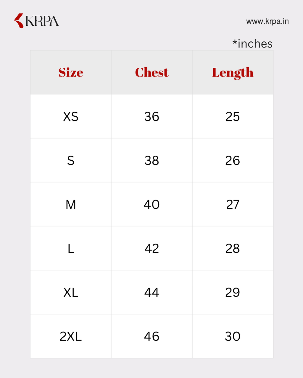 Size chart for clothing with chest and length measurements in inches, branded as KRPA.