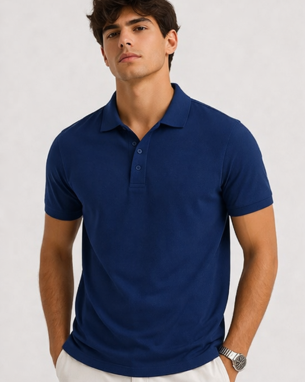 Man wearing a blue polo shirt on a light gray background