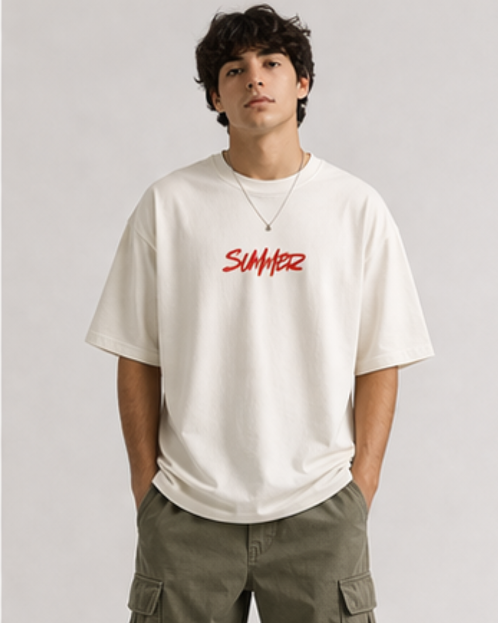 Oversized T-shirt for men with red SUMMER graphic in off white color, relaxed streetwear fit