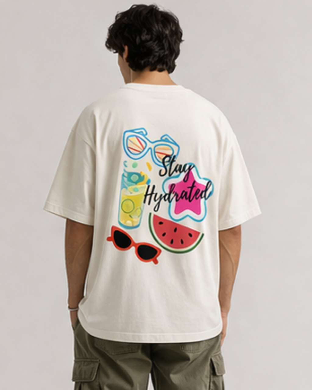 Person wearing off white oversized t-shirt with colorful graphics and text on the back.