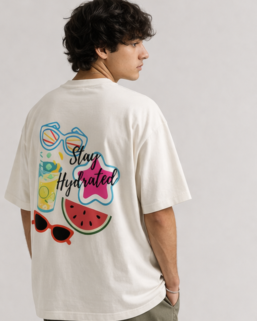 Person wearing off white oversized t-shirt with colorful graphics and text on the back.