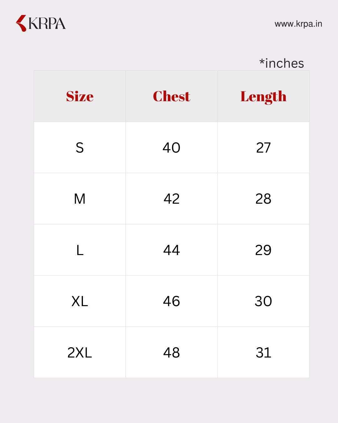 Size chart for clothing with KRPA branding and measurements in inches.